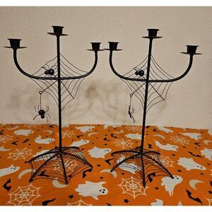 Set Of 2 Gothic Black Spider Web Candelabra Candle Holders